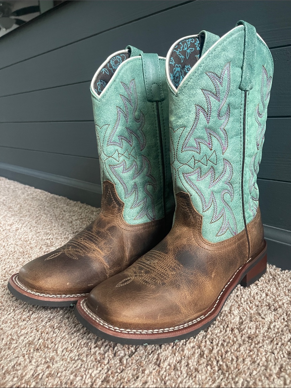 Laredo Brown and Mint Green Floral-Lined Leather Boot Interior